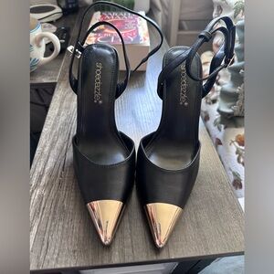 JustFab Brand New Black Pointed Slingback Pumps with Gold Cap Toe